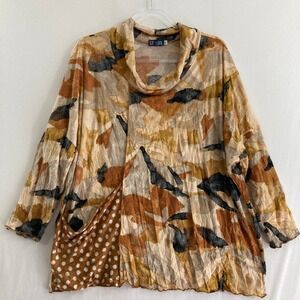 Top Ligne Blouse XL Cowl Neck Brown Abstract Crinkle Mixed Media Lagenlook Boho